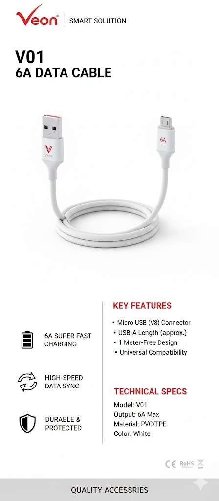 Veon V01 6A Micro USB Fast Charging Data Cable - High Current & Durable Sync Lead (White)