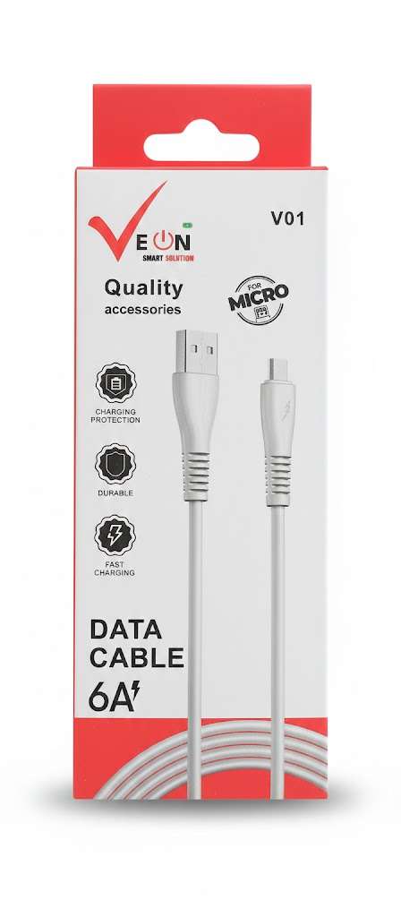 Veon V01 6A Micro USB Fast Charging Data Cable - High Current & Durable Sync Lead (White)