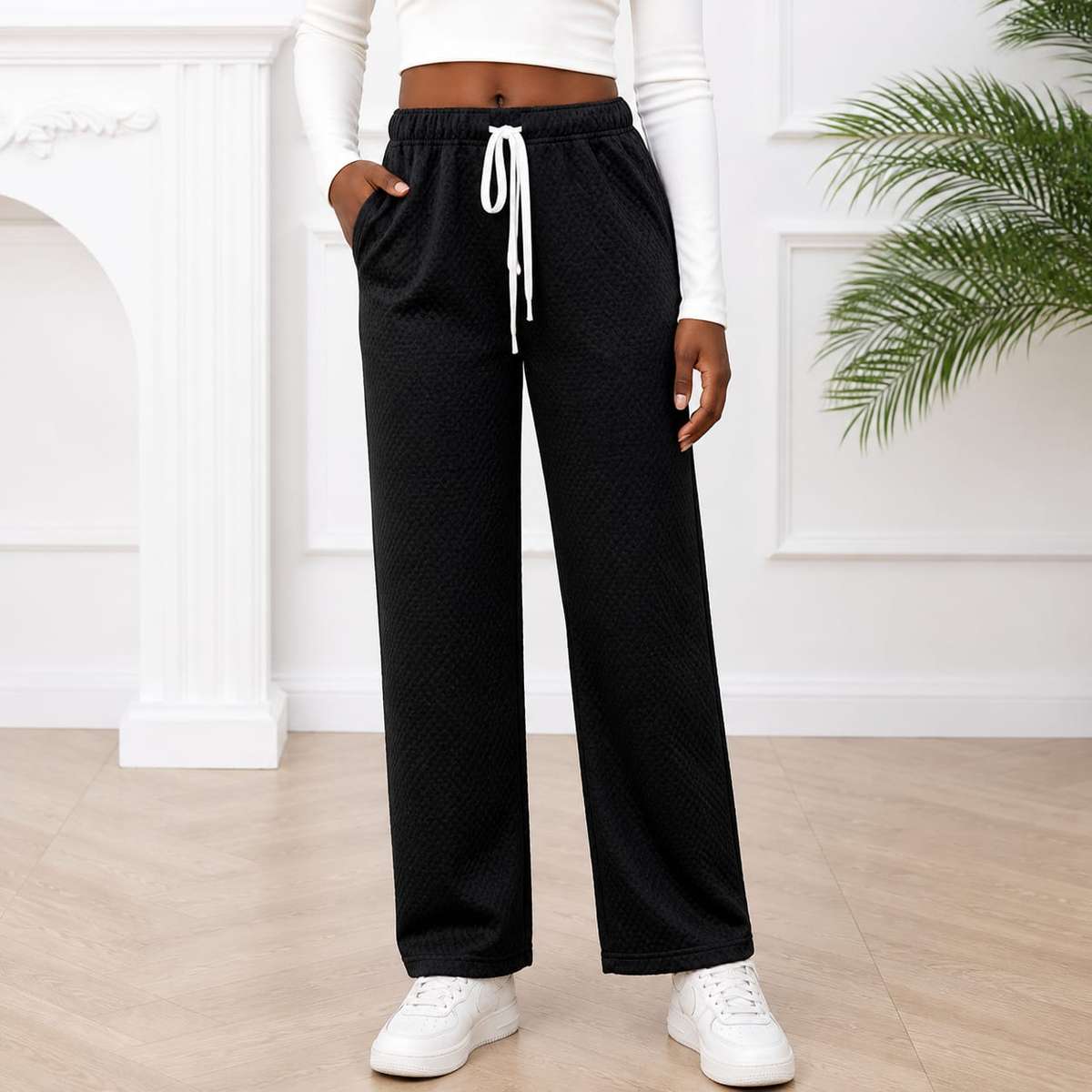 Comfy Textured Wide Leg Drawstring Pants.