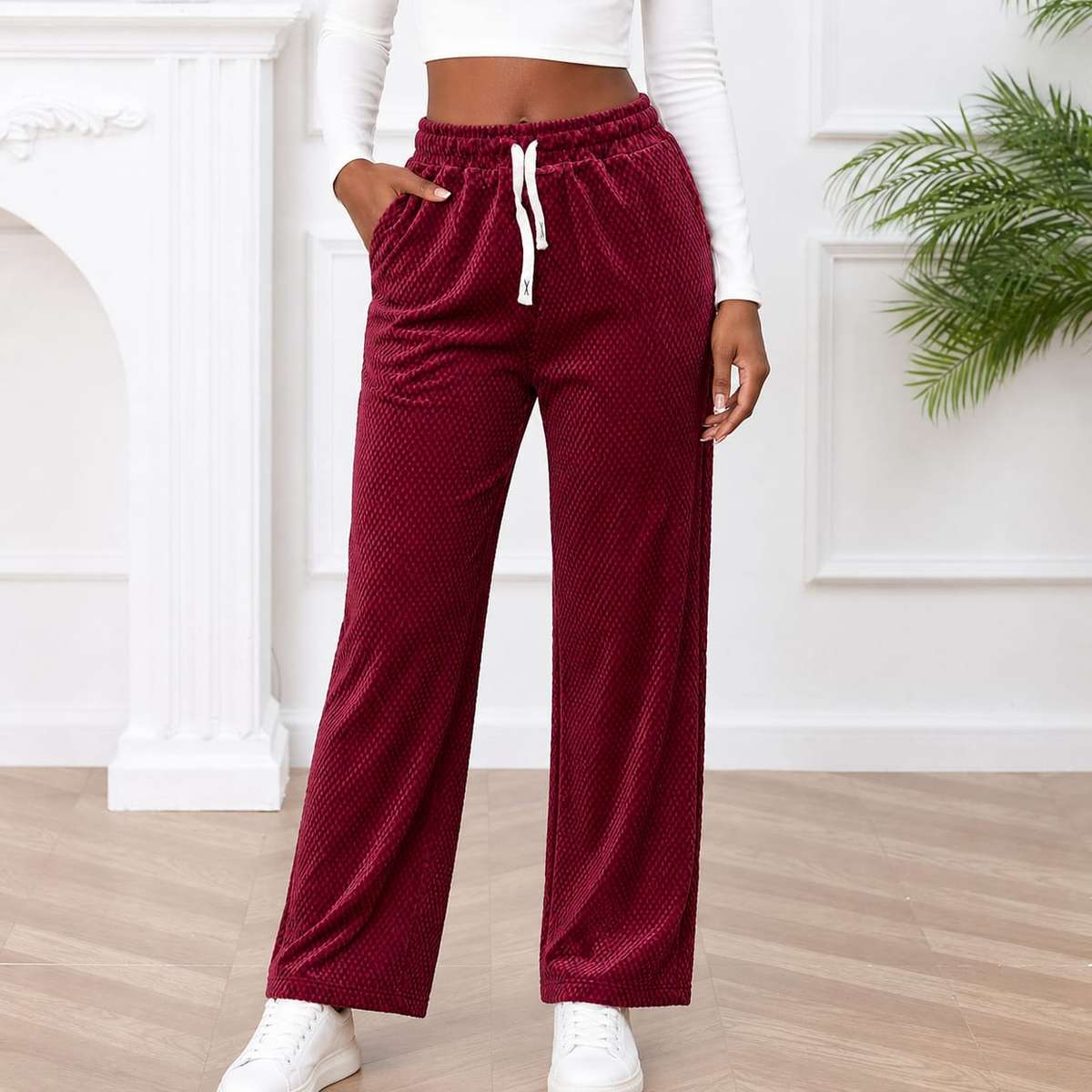 Comfy Textured Wide Leg Drawstring Pants.