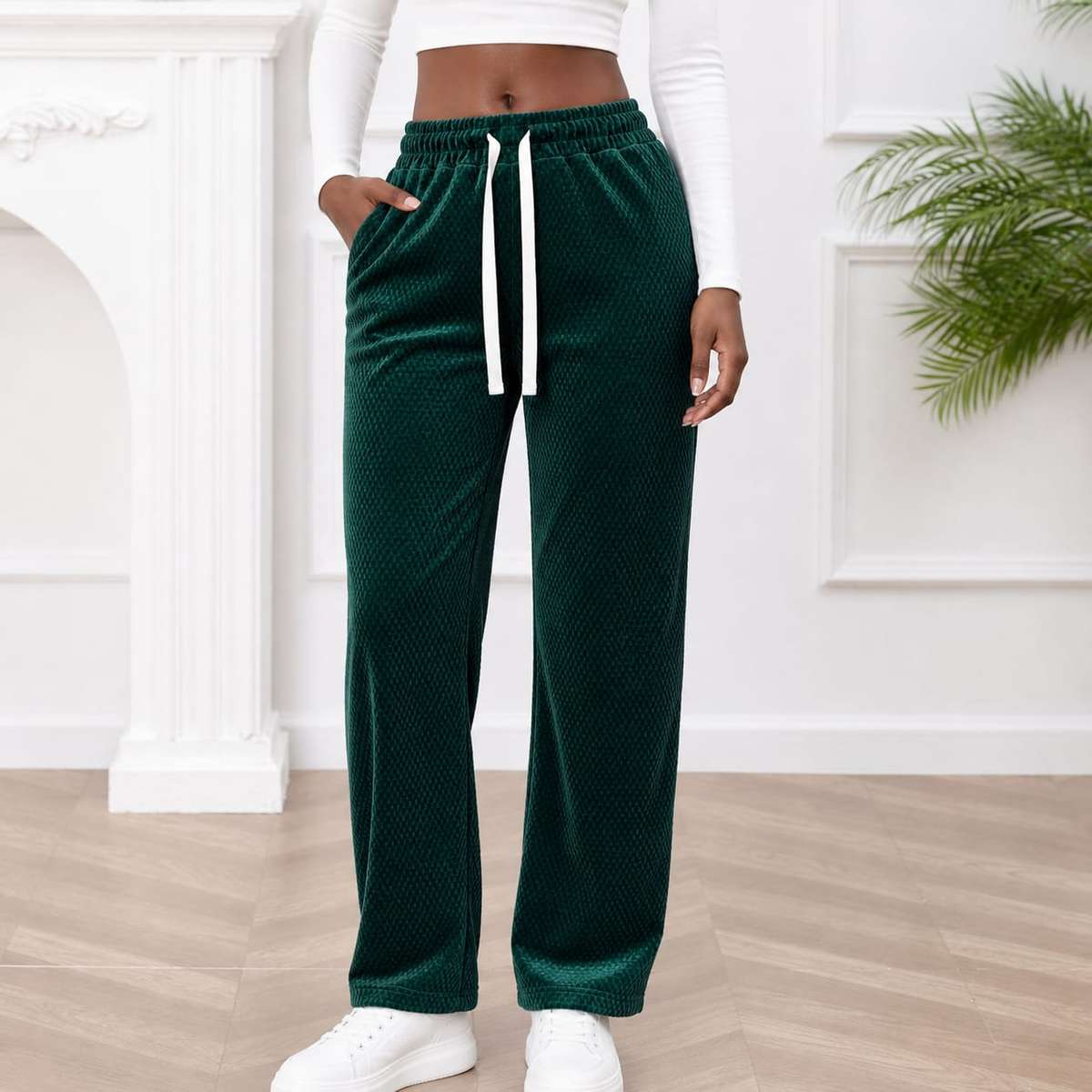 Comfy Textured Wide Leg Drawstring Pants.