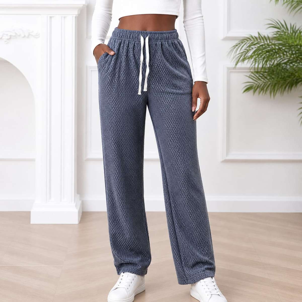 Comfy Textured Wide Leg Drawstring Pants.