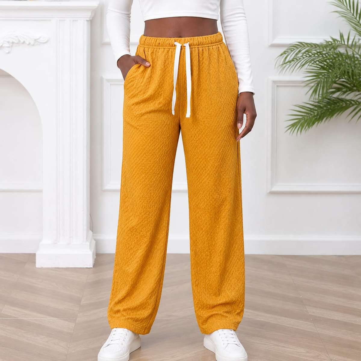 Comfy Textured Wide Leg Drawstring Pants.