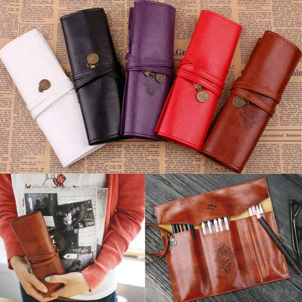PU Leather Pencil Cosmetic Pouch Pocket Brush Holder Makeup Bag