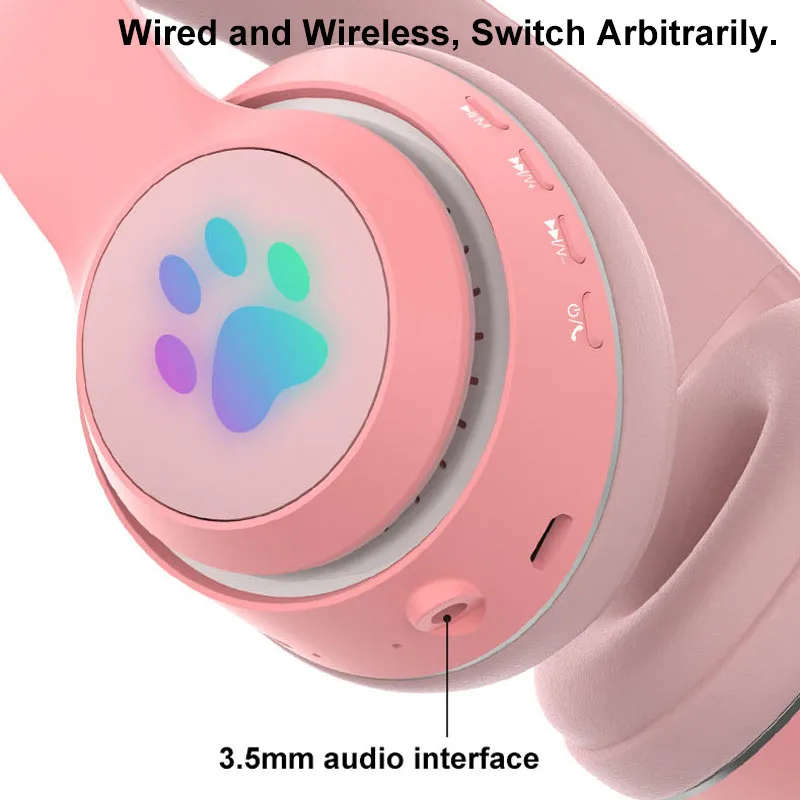 Wireless Bluetooth 5.0 Headphone Glowing Cat Ear Headset Stereo Music Player with MIC for