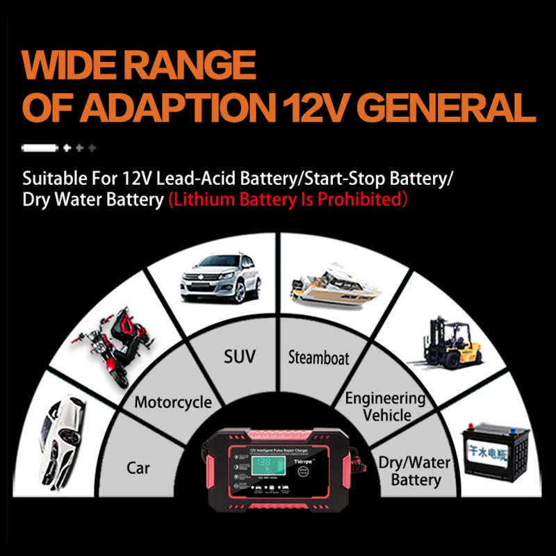 12V 6A Battery charger Intelligent Pulse Repair LCD Display Battery Charger 12 Volts 6 Amps 2-100AH