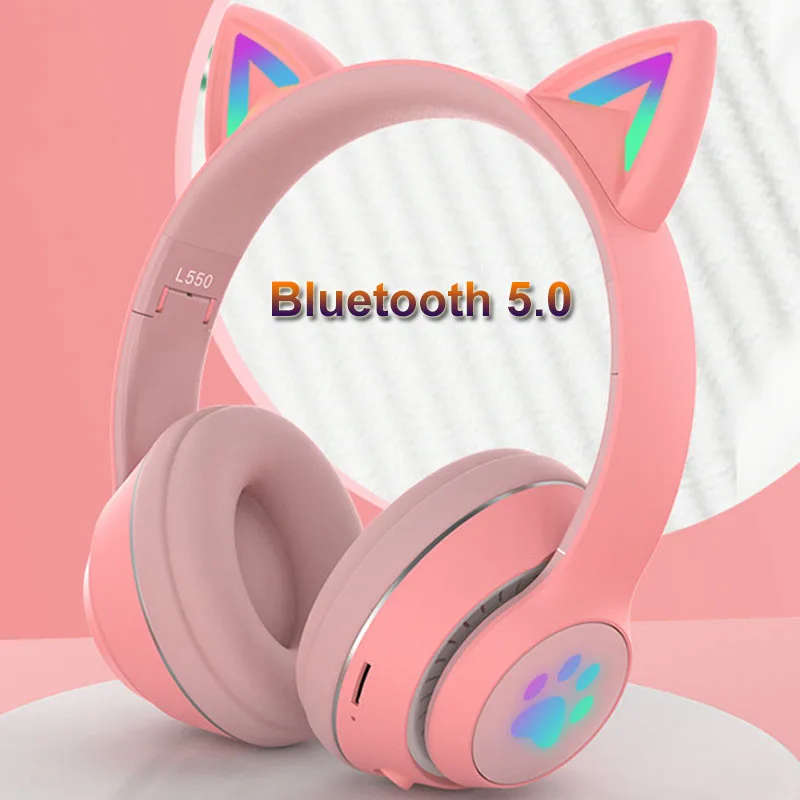 Wireless Bluetooth 5.0 Headphone Glowing Cat Ear Headset Stereo Music Player with MIC for