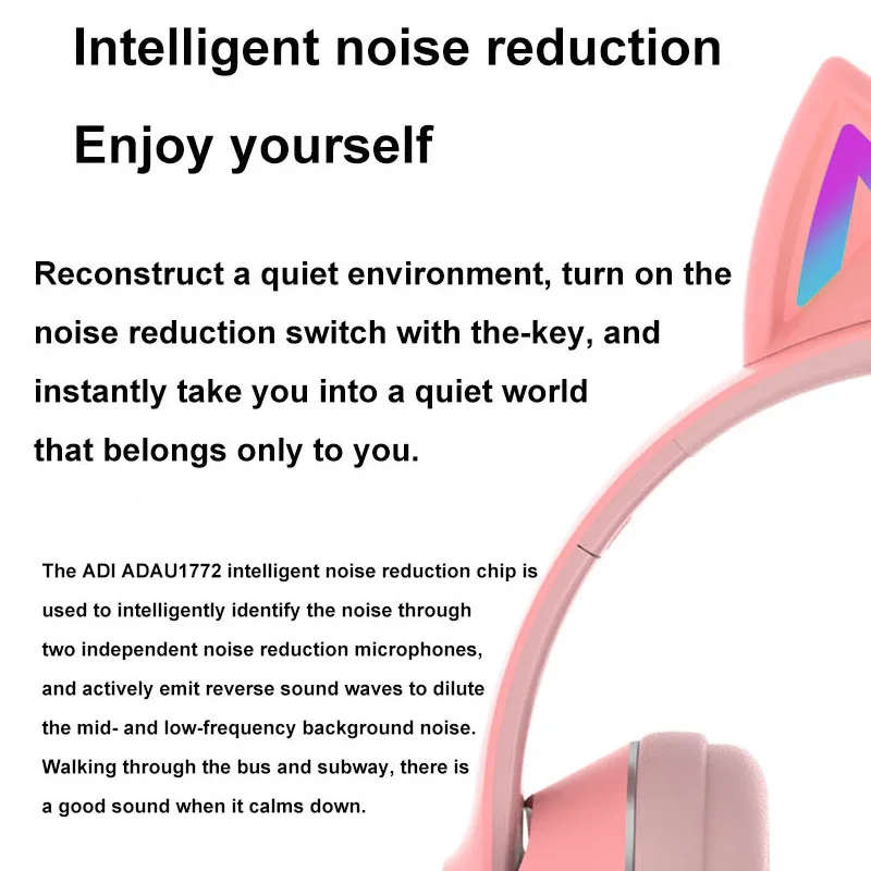 Wireless Bluetooth 5.0 Headphone Glowing Cat Ear Headset Stereo Music Player with MIC for