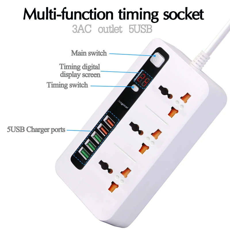 Multi-Function Power Adapter Extension Cord with 3 Power socket + 5 x USB Charger ports LED display
