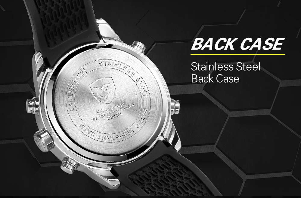 GENUINE SHARK Men Stopwatch Calendar Auto Date Alarm LCD Rubber Band Watches