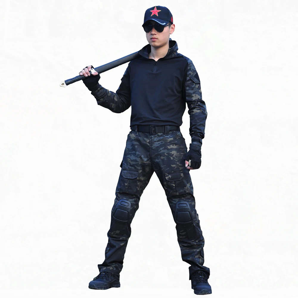 #9 -MultiColor Dark Black Camo Uniform Set + Removable Knee & Elbow Pads