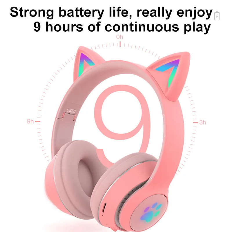 Wireless Bluetooth 5.0 Headphone Glowing Cat Ear Headset Stereo Music Player with MIC for