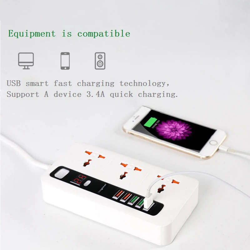 Multi-Function Power Adapter Extension Cord with 3 Power socket + 5 x USB Charger ports LED display