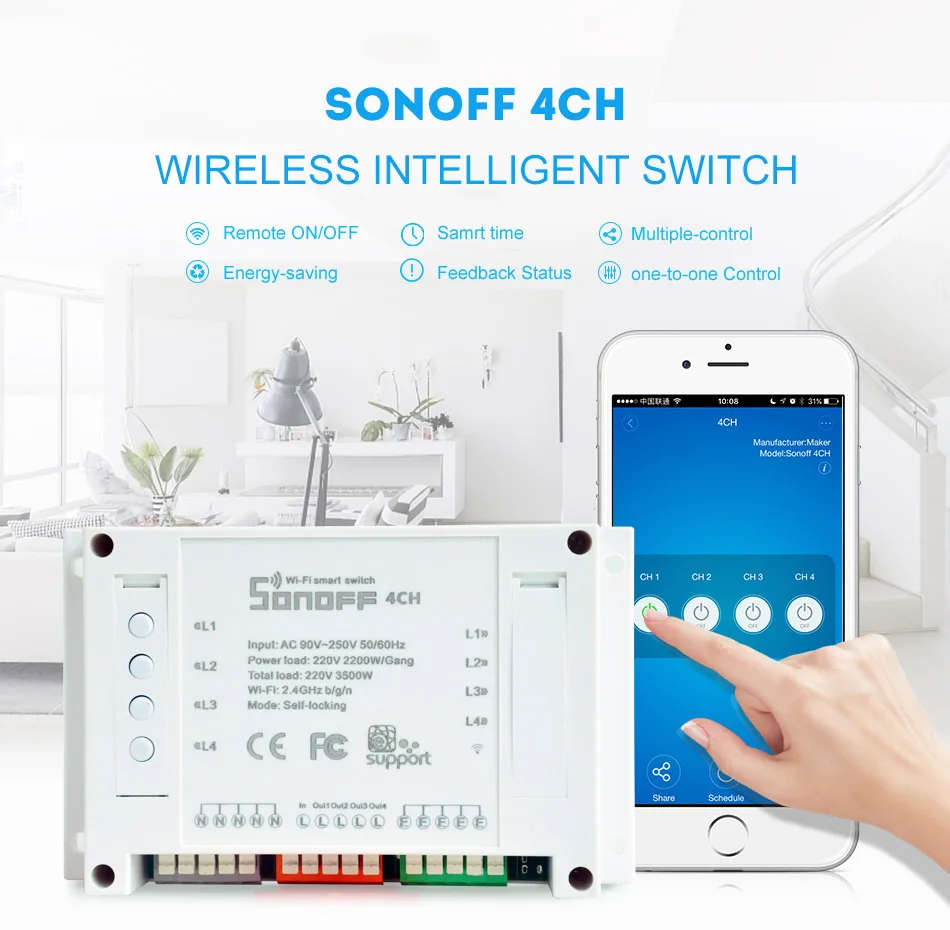Sonoff 4CH Automation Modules WIFI Switch Smart  Wireless On/Off Remote Control Switches 10A/2200W
