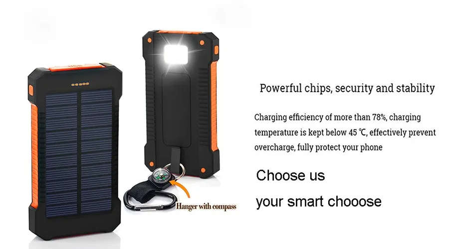 Solar Power Bank Waterproof 20000mAh Solar Charger 2 USB Ports External Charger Solar Powerbank for