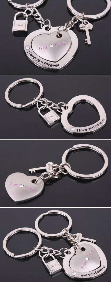 x2 set Two Heart keychain creative couple lovers key ring