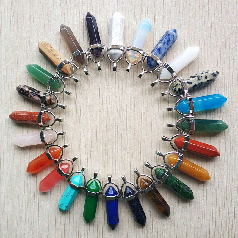 Natural Stone Pillar Pendants with Leather Cord Necklaces
