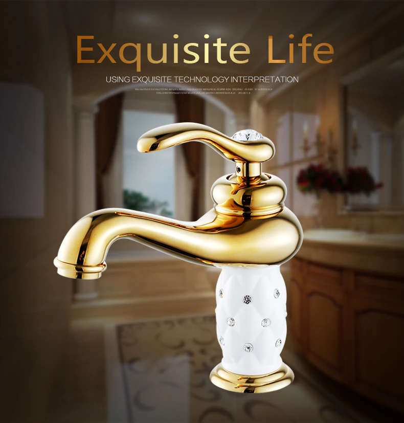 Basin Faucets Brass with Diamond Bathroom Faucet Gold Mixer Tap Single Handle Hot & Cold Washbasin