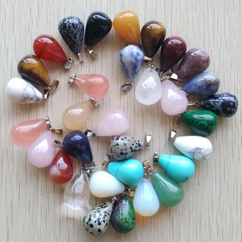 Natural Stone Water Drop Pendants Charms and Leather Cord Necklaces