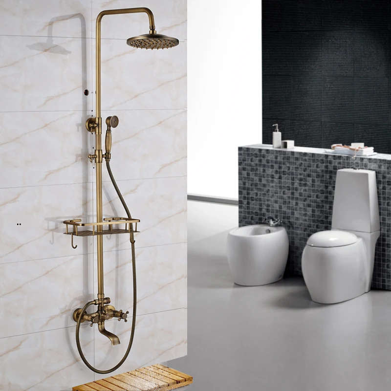 Antique Brass Wall Mounted Bathtub Shower Set Faucet Dual Handle with Commodity Shelf Bathroom