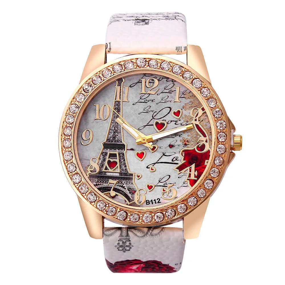 Women Fashion Tower Pattern Diamond Dial Watch. - White