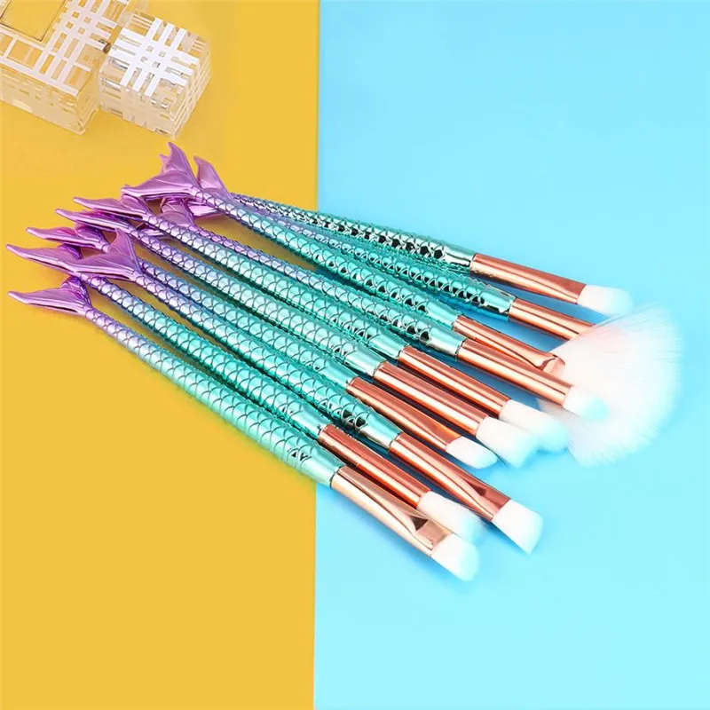 11PCS Pro Mermaid Makeup Brushes Foundation Eyebrow Eyeliner Blush Powder Cosmetic Brushes Set