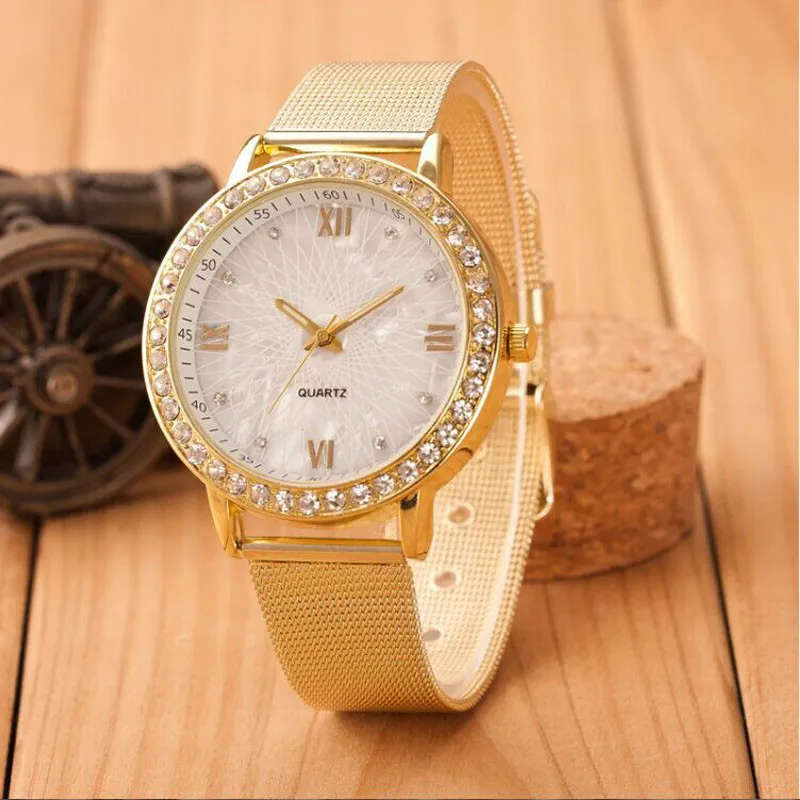 Ladies Crystal Roman Numerals Gold Mesh Band Watch.