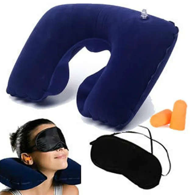 3 in1 Travel Set Inflatable Neck Air Cushion Pillows + Eye Mask + 2 Ear Plug Comfortable business tr