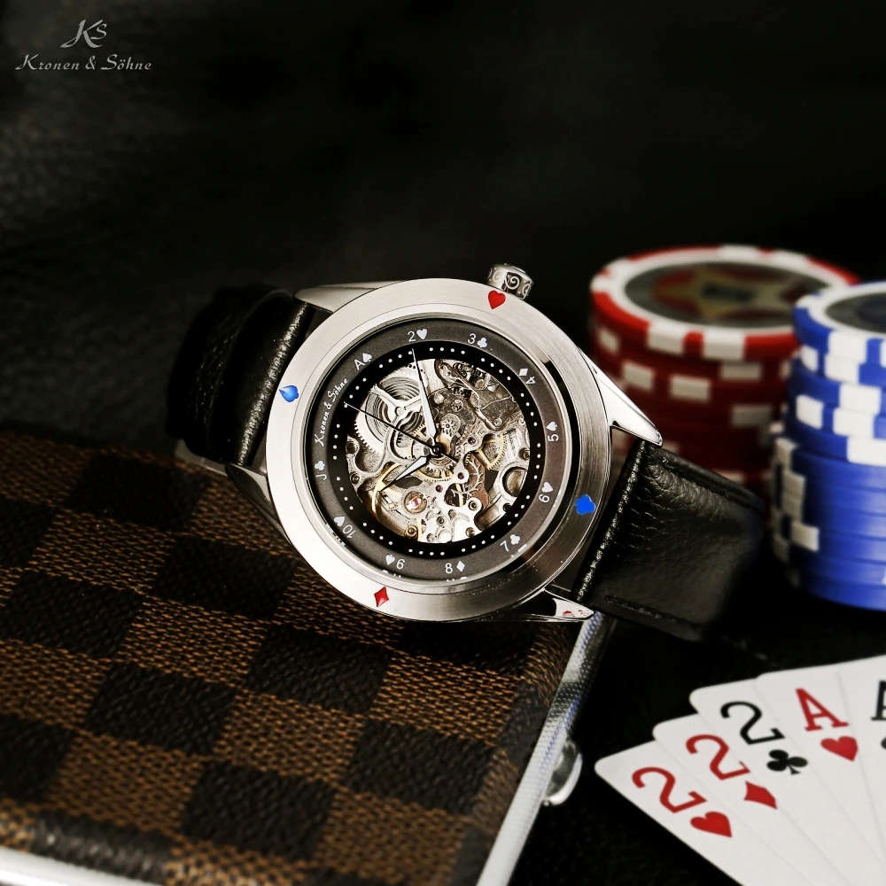 KRONEN & SOHNE Automatic Skeleton Silver Black Leather Watch Brand new w/ box, papers