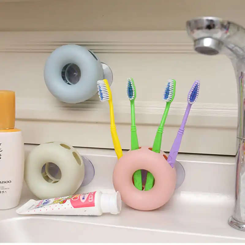 Stick On Bathroom Toothbrush Holder Doughnut Shaped Stand & Cup