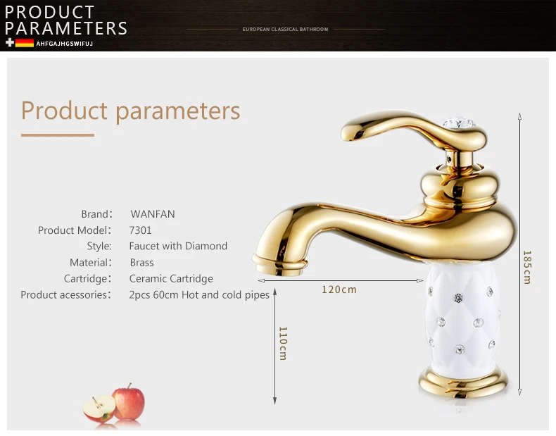 Basin Faucets Brass with Diamond Bathroom Faucet Gold Mixer Tap Single Handle Hot & Cold Washbasin