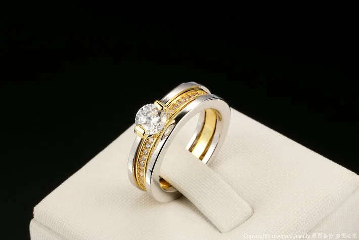 STUNNING 1ct AAA+ CZ 18k Gold and White Gold Plated Weddinjg Set - Engagement Ring and Wedding Band