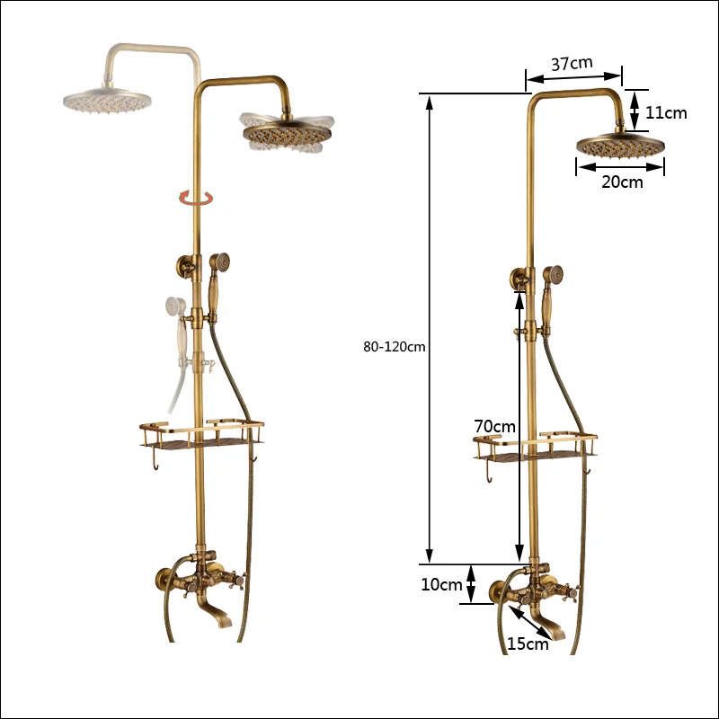 Antique Brass Wall Mounted Bathtub Shower Set Faucet Dual Handle with Commodity Shelf Bathroom