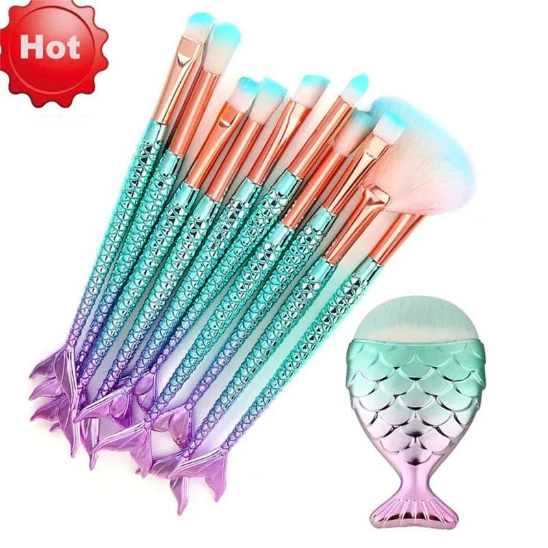 11PCS Pro Mermaid Makeup Brushes Foundation Eyebrow Eyeliner Blush Powder Cosmetic Brushes Set