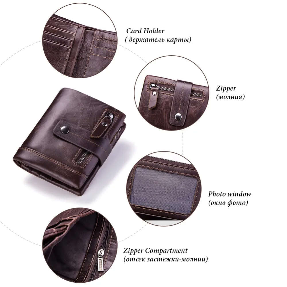 Mens Wallet Leather Genuine Short Male Purse Zipper Pouch Clamp Money Coin Purse Bag