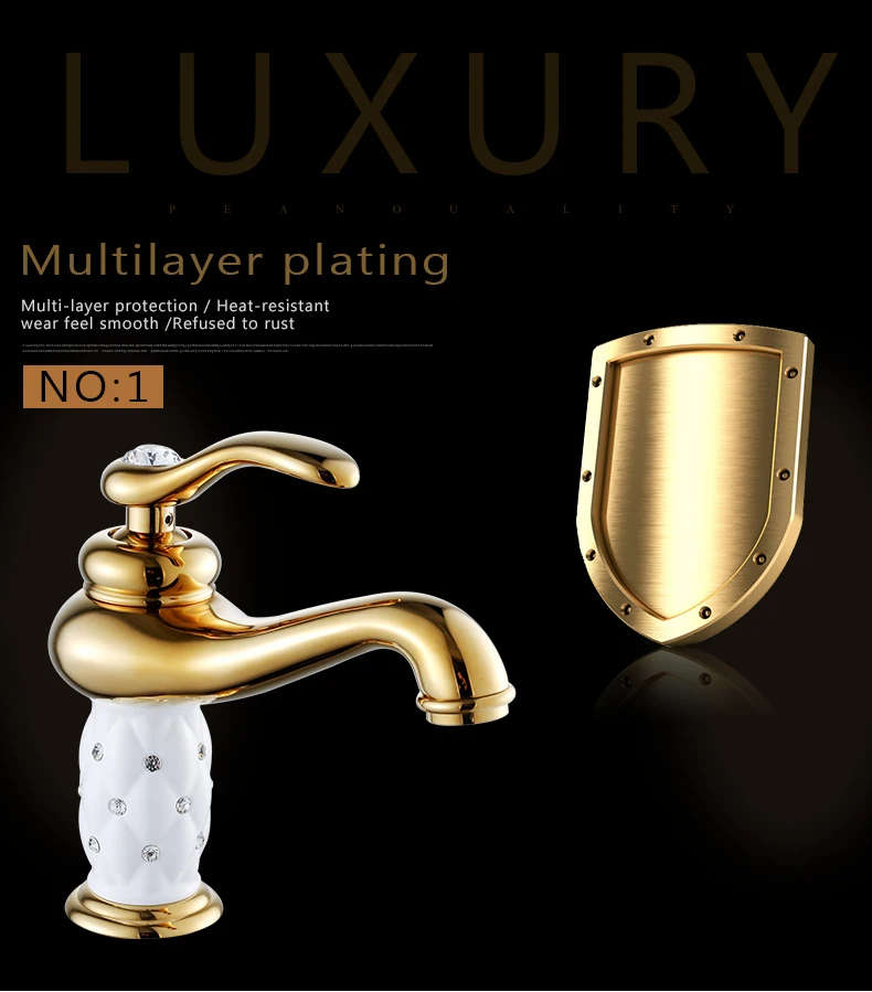 Basin Faucets Brass with Diamond Bathroom Faucet Gold Mixer Tap Single Handle Hot & Cold Washbasin