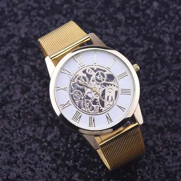 Luxury Brand Skeleton Watch with Stainless Steel Gold Plated Band.