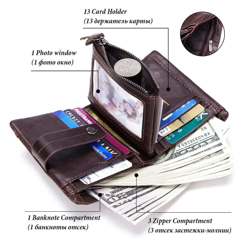 Mens Wallet Leather Genuine Short Male Purse Zipper Pouch Clamp Money Coin Purse Bag