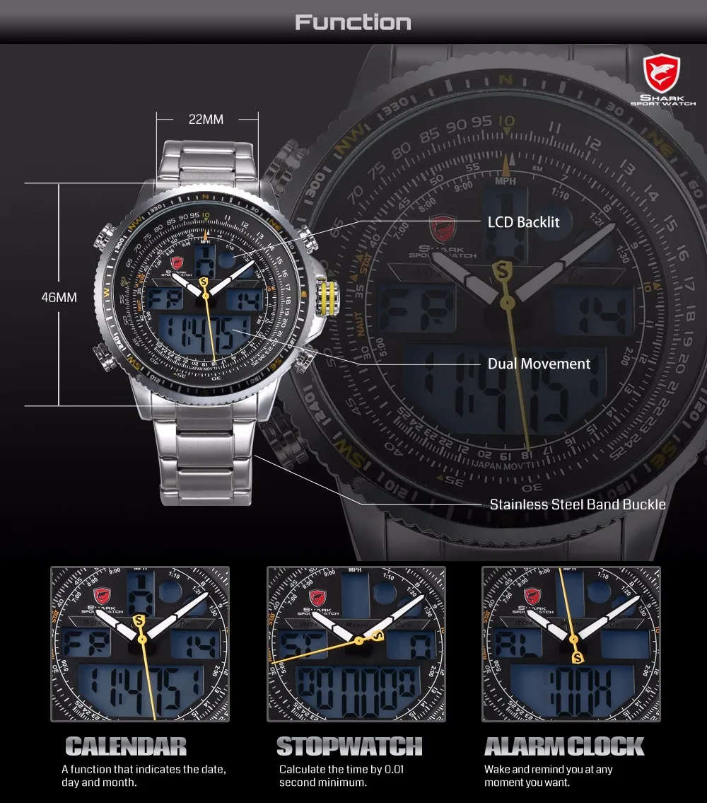 SHARK Winghead Pilot Dual Movement Alarm Stainless Steel Case Sport Watch BRAND NEW