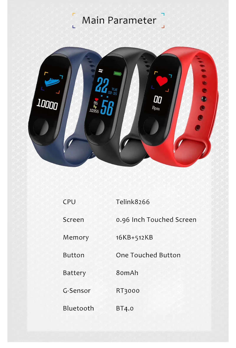 [LOCAL STOCK] M3 Smart Band Wristband Fitness Bracelet Big Touch Screen Color LCD Message