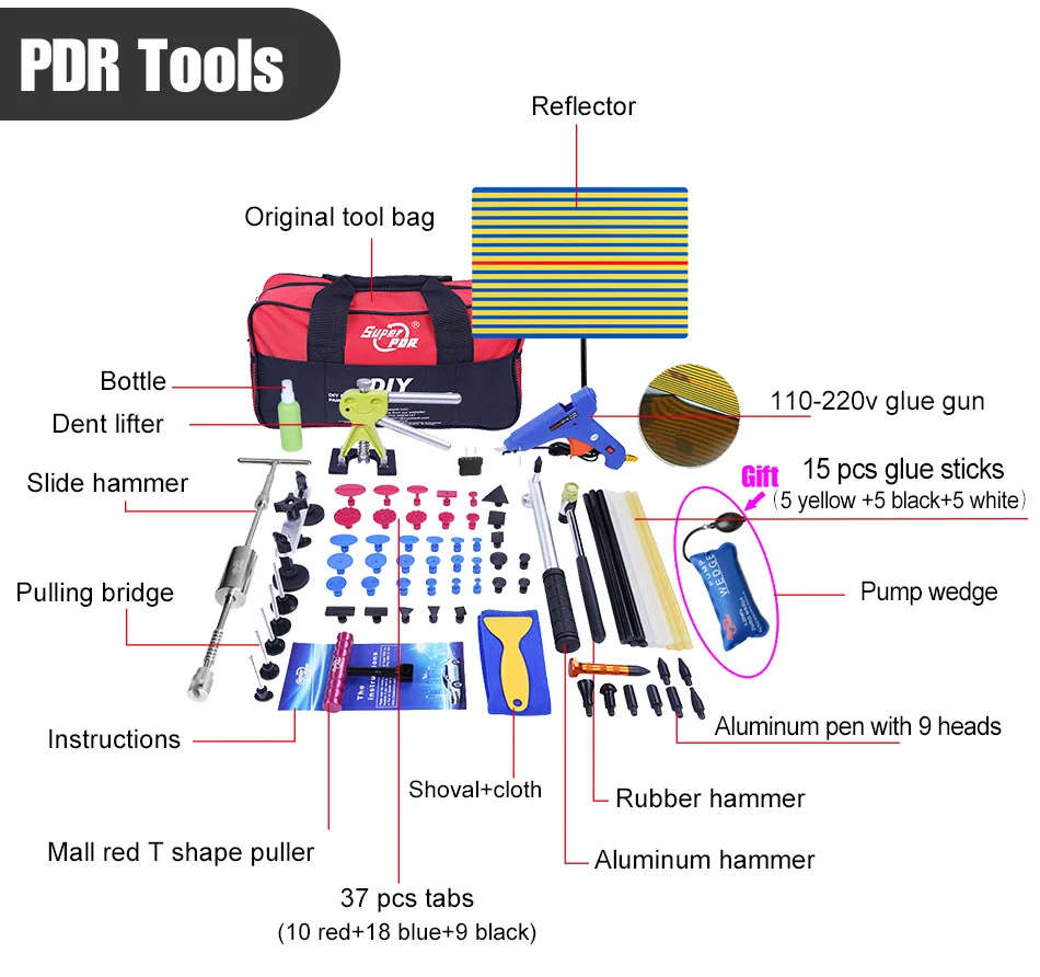 PDR Tools Kit Dent Removal Paintless Dent Repair With Led Worklight - PDR Case SMT-050 Electrical No