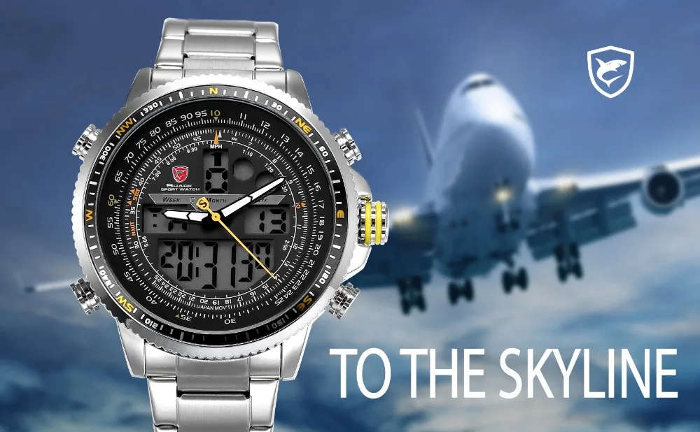 SHARK Winghead Pilot Dual Movement Alarm Stainless Steel Case Sport Watch BRAND NEW