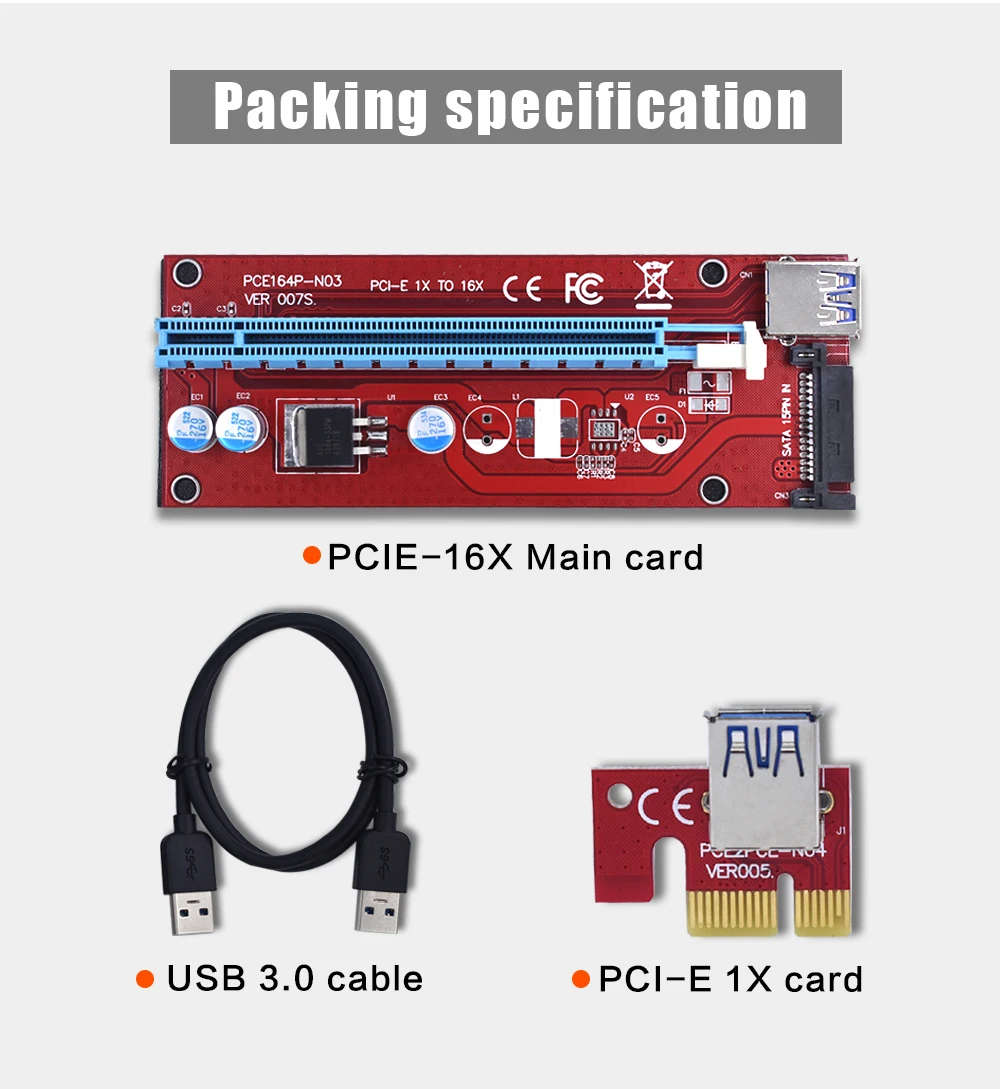 VER007S PCI Express Riser Card 1x to 16x PCI-E extender 60cm USB 3.0 Cable 15Pin SATA