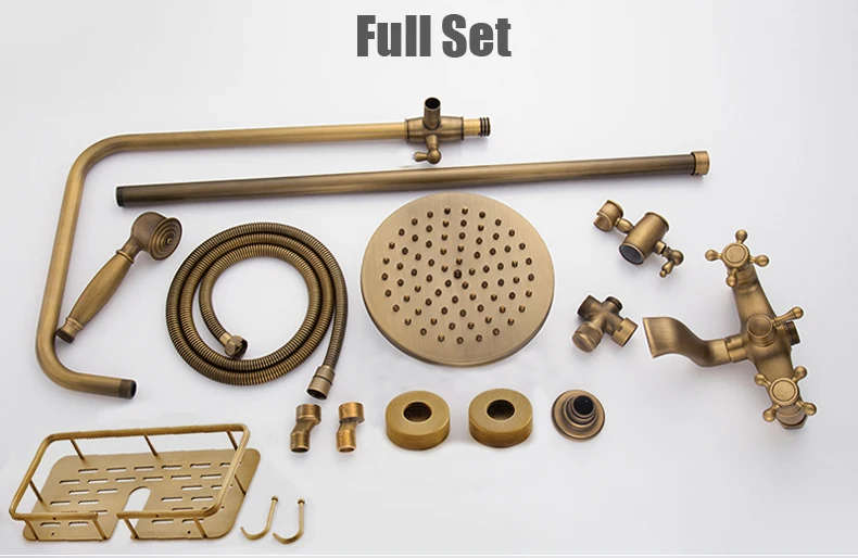 Antique Brass Wall Mounted Bathtub Shower Set Faucet Dual Handle with Commodity Shelf Bathroom