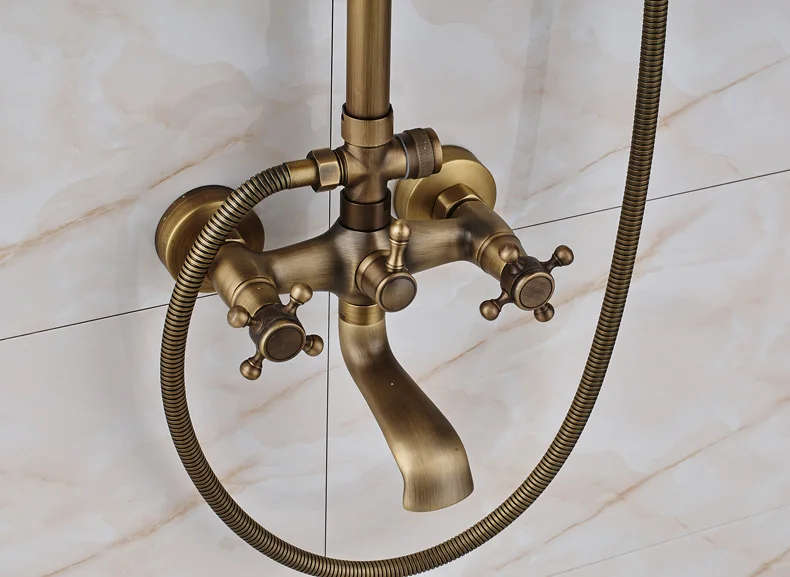 Antique Brass Wall Mounted Bathtub Shower Set Faucet Dual Handle with Commodity Shelf Bathroom