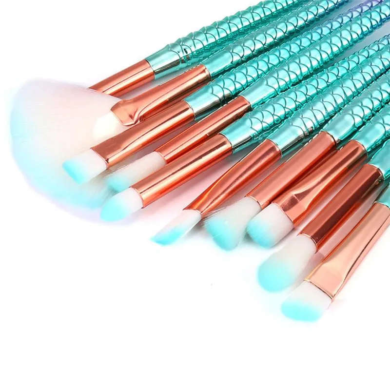 11PCS Pro Mermaid Makeup Brushes Foundation Eyebrow Eyeliner Blush Powder Cosmetic Brushes Set