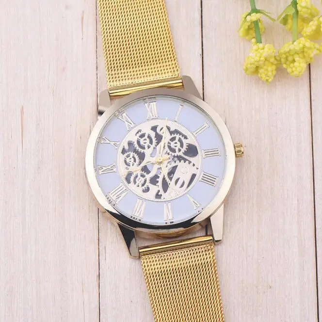 Luxury Brand Skeleton Watch with Stainless Steel Gold Plated Band.