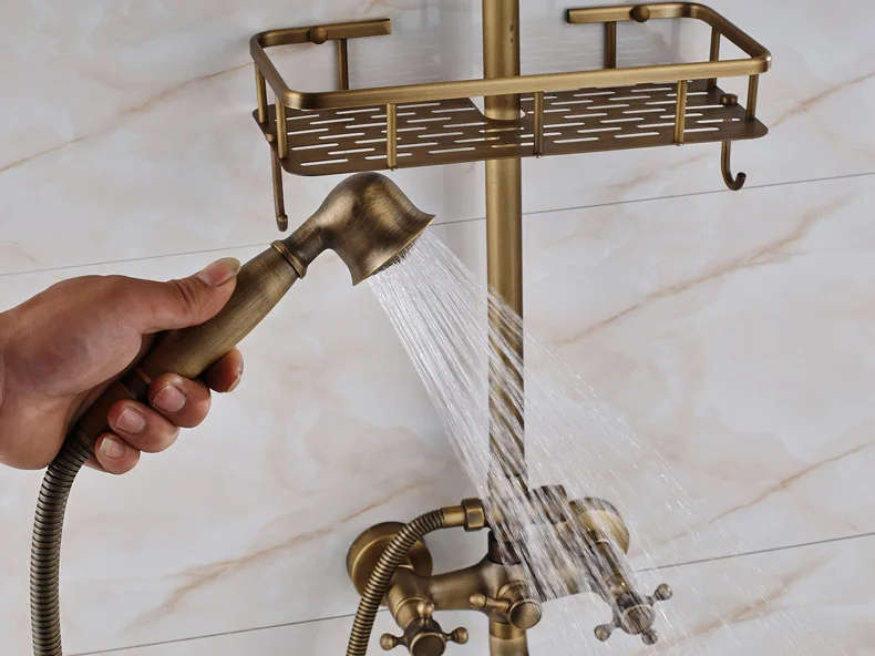Antique Brass Wall Mounted Bathtub Shower Set Faucet Dual Handle with Commodity Shelf Bathroom