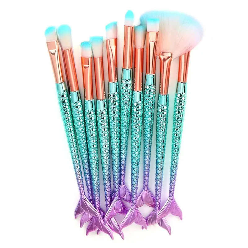 11PCS Pro Mermaid Makeup Brushes Foundation Eyebrow Eyeliner Blush Powder Cosmetic Brushes Set