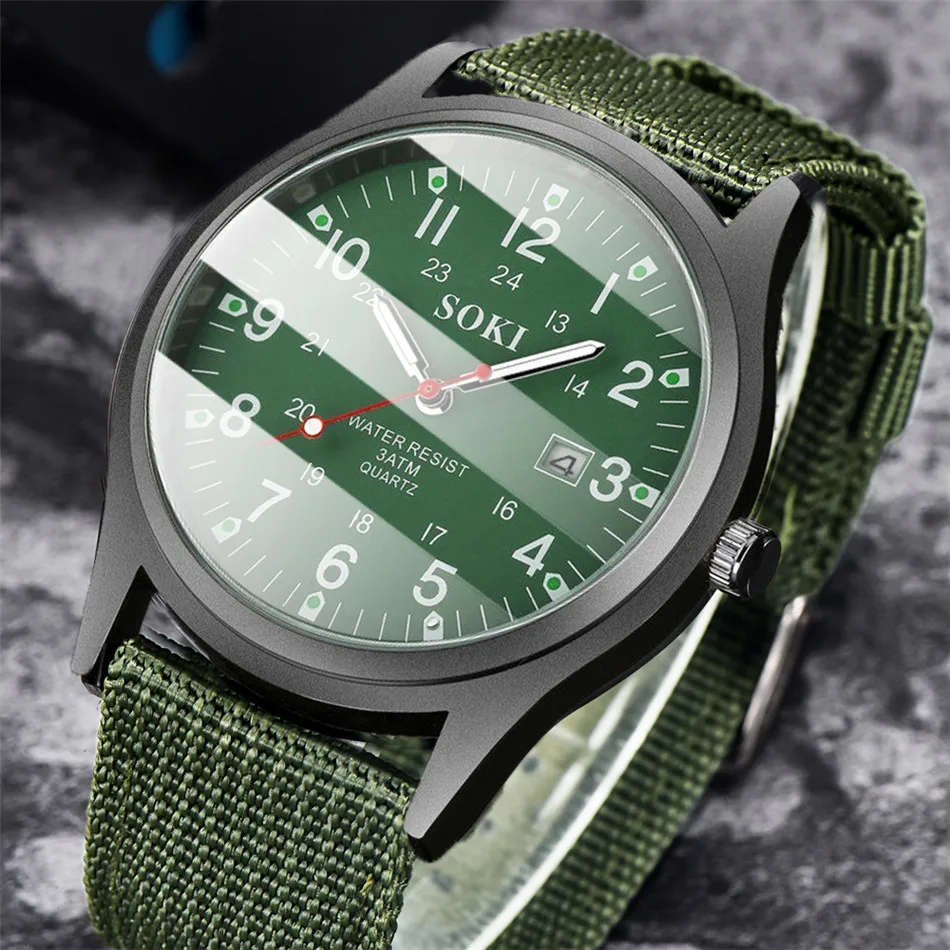 Soki - Luminous Nylon Band Military Army  Watch - Green Colour